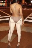 Kaki sexy casual sportkleding effen patchwork backless skinny jumpsuits met U-hals