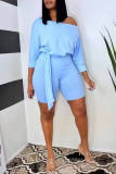 Blue Fashion Casual Solid Hot Drill Oblique Collar Regular Rompers
