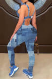 Blå mode sexigt tryck Patchwork Backless Spaghetti Strap Skinny Jumpsuits