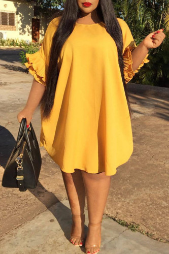 Yellow Casual Solid Split Joint Asymmetrical O Neck Straight Plus Size Dresses