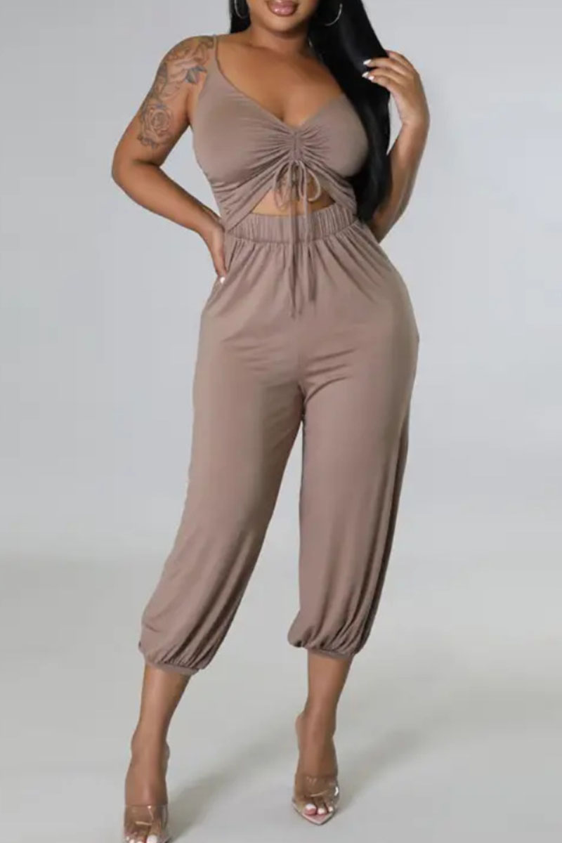 

Coffee Sexy Solid Hollowed Out Split Joint Spaghetti Strap Straight Jumpsuits