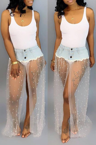 Blanc Sexy Print Split Joint Transparent Droite Mi-taille Droite Patchwork Bas
