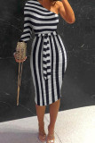 Stripe Simplicity Print Patchwork Oblique Collar One Step Skirt Dresses