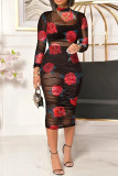 Rode elegante print patchwork doorzichtige jurken drie stuks