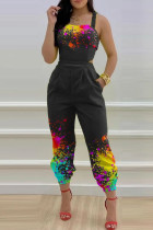 Schwarzer, sexy, rückenfreier, normaler Patchwork-Jumpsuit mit Print