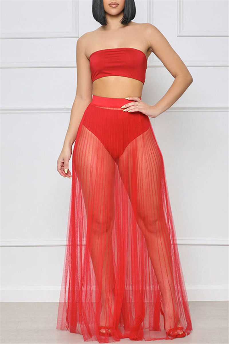 

Red Sexy Casual Solid Split Joint Backless Strapless Sleeveless Two Pieces