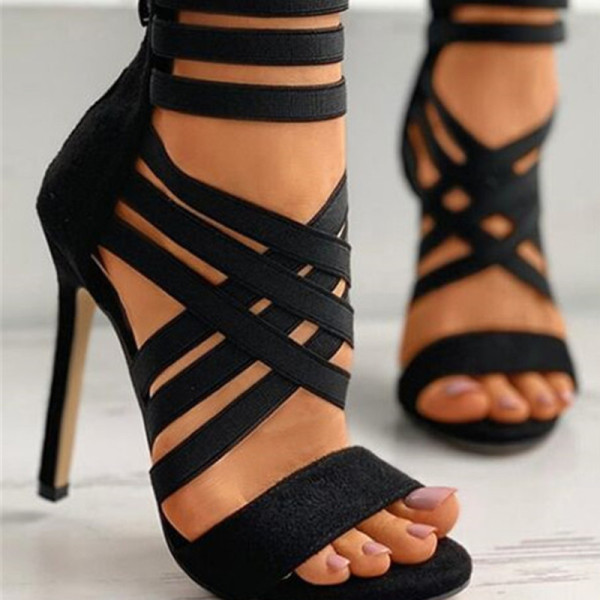Sandalias de tacón de aguja puntiagudas de color sólido ahuecado de moda negro