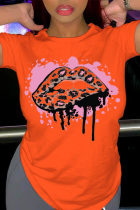 T-shirt arancioni Fashion Street Lips stampate Patchwork O Neck