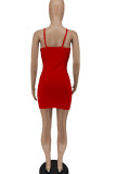 Rose Red Sexy Solid Patchwork Spaghetti Strap Pencil Skirt Dresses