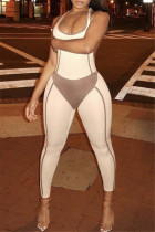 Сексуальная повседневная спортивная одежда цвета хаки, однотонные лоскутные узкие комбинезоны с открытой спиной и U-образным вырезом