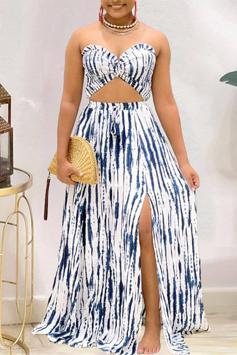 

Navy Blue Fashion Sexy Casual Print Backless Slit Strapless Sleeveless Two Pieces