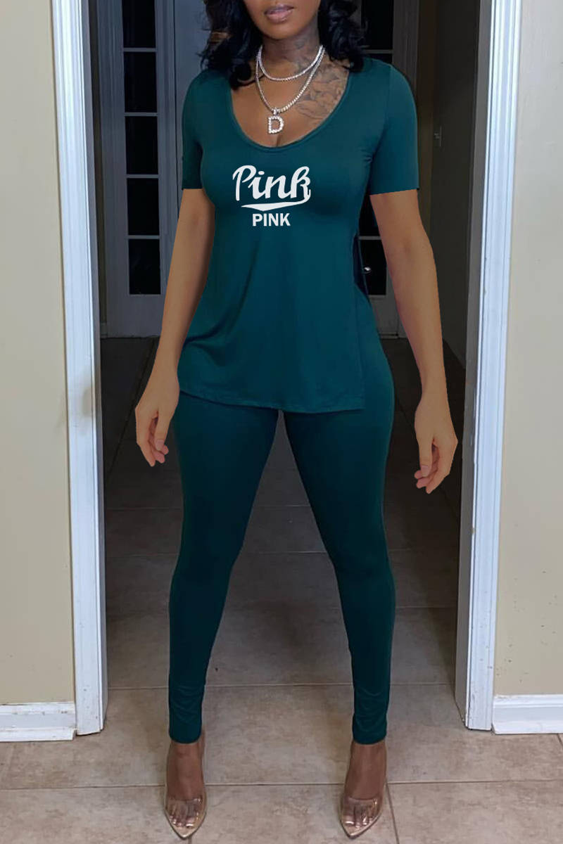 

Peacock Blue Fashion Casual Letter Print Split Joint Slit V Neck Short Sleeve Two Pieces