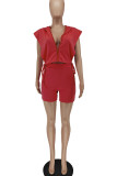 Tangerine Red Sexy Solid Patchwork Zipper Hooded Collar Sleeveless Two Pieces