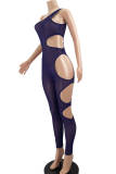 Dark Blue Fashion Sexy Solid Hollowed Out See-through Backless One Shoulder Skinny Jumpsuits