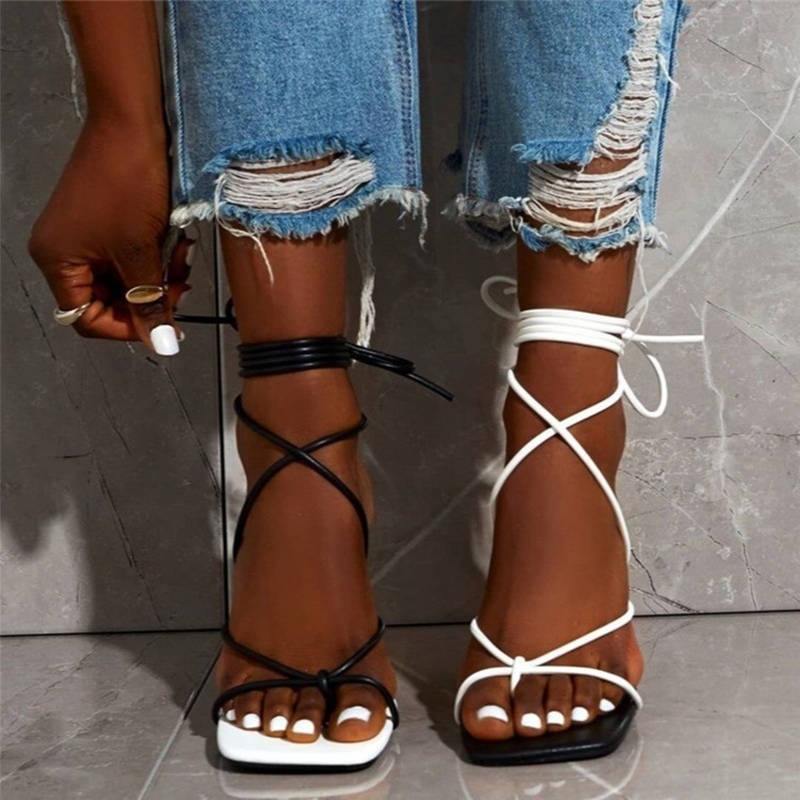 

Black White Fashion Casual Bandage Split Joint Square Out Door Shoes