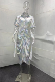 Silver Fashion Print Patchwork V Neck Straight Dresses