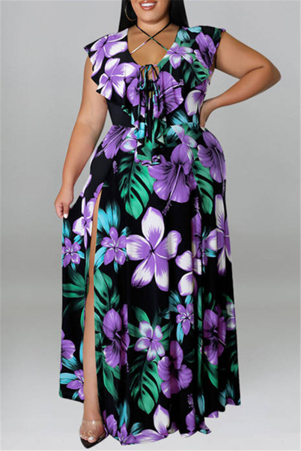 Фиолетовое модное сексуальное платье больших размеров с принтом и разрезом, длинное платье с V-образным вырезом