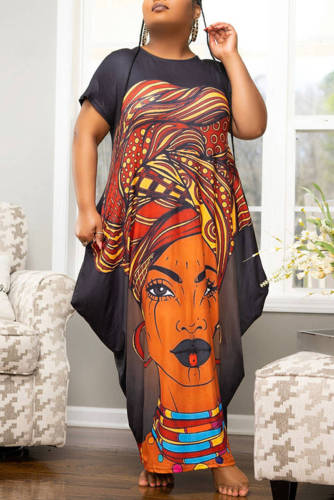 Black Fashion Casual Print Basic O Neck Short Sleeve Dress Plus Size Dresses