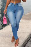 Средне-синие модные повседневные однотонные лоскутные джинсы скинни с высокой талией