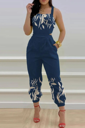 Blue Sexy Print Patchwork Backless Regular Jumpsuits
