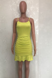 Yellow Sexy Solid Patchwork Flounce Fold Spaghetti Strap One Step Skirt Dresses