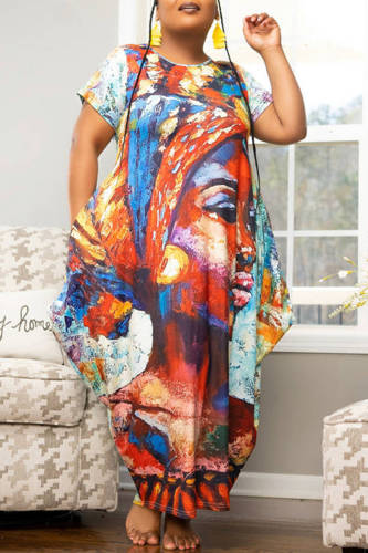 Multicolor Fashion Casual Print Basic O Neck Short Sleeve Dress Plus Size Dresses