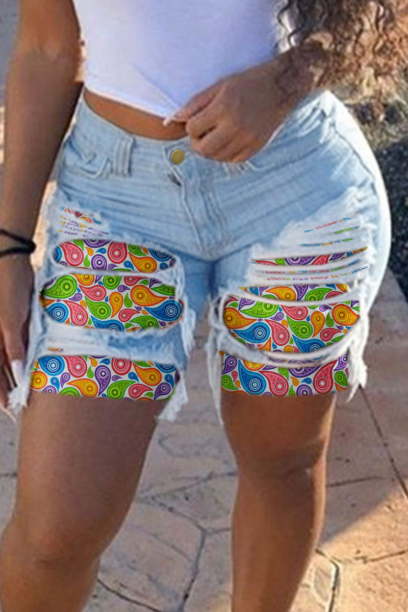 

Baby Blue Casual Street Print Make Old High Waist Straight Denim Shorts