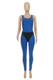 Blauwe sexy casual sportkleding effen patchwork backless skinny jumpsuits met U-hals