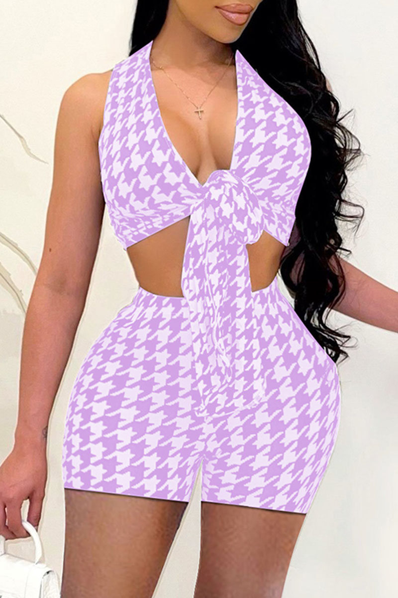 

Purple Fashion Sexy Print Bandage V Neck Sleeveless Two Pieces