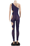 Dark Blue Fashion Sexy Solid Hollowed Out See-through Backless One Shoulder Skinny Jumpsuits
