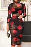 Zwarte elegante print patchwork doorzichtige jurken drie stuks