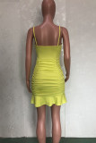 Yellow Sexy Solid Patchwork Flounce Fold Spaghetti Strap One Step Skirt Dresses