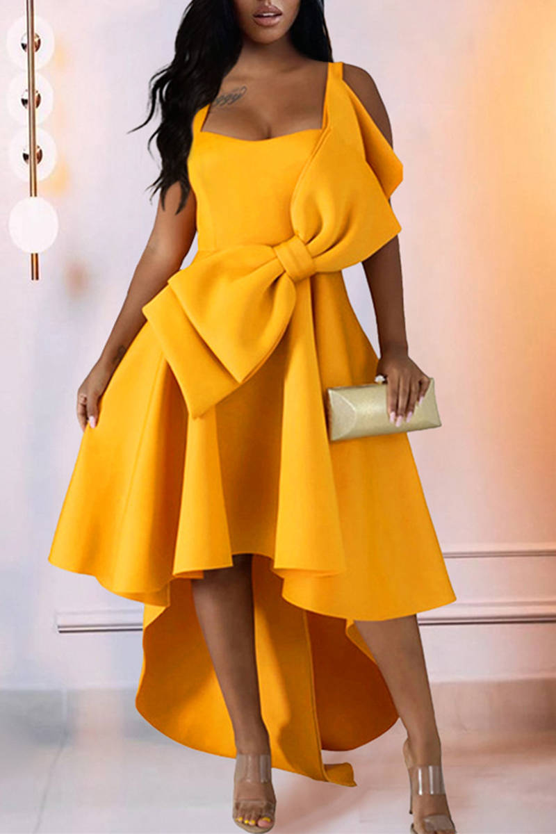 

Yellow Fashion Sexy Solid Split Joint With Bow Spaghetti Strap Evening Dress Dresses