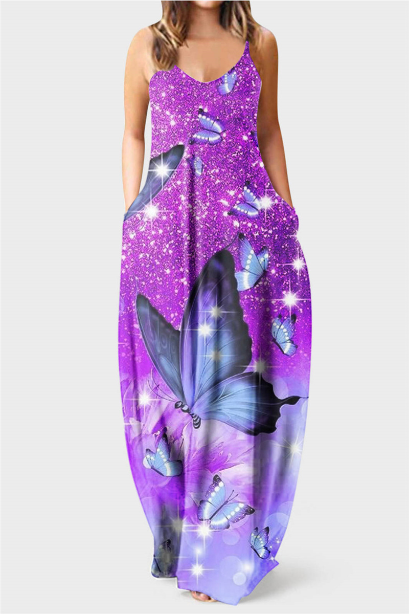 

Purple Fashion Casual Print Backless Spaghetti Strap Long Dress