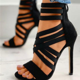 Black Fashion Hollowed Out Solid Color Pointed Stiletto Sandals