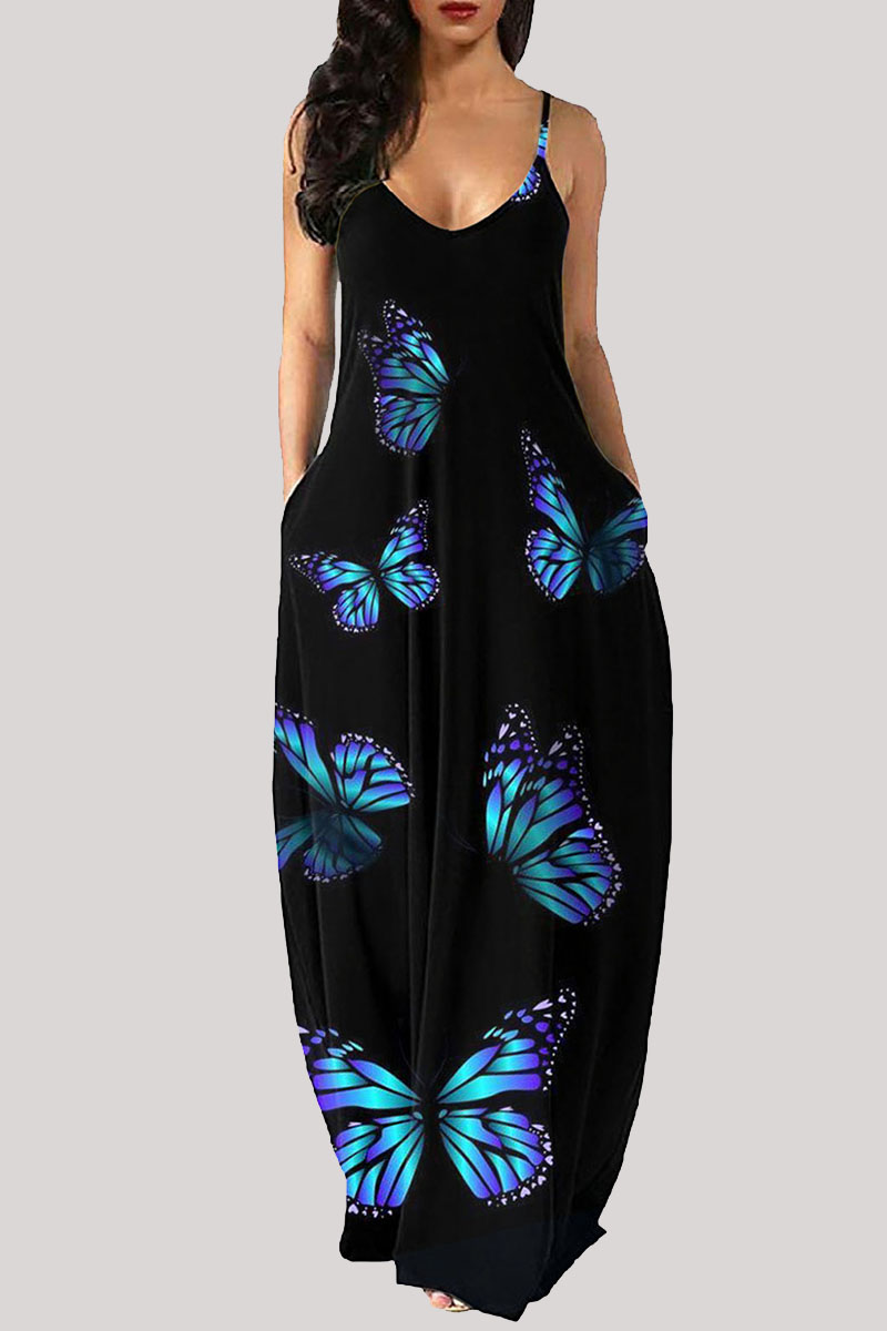 

Blue Fashion Sexy Casual Butterfly Print Backless Spaghetti Strap Long Dress Dresses