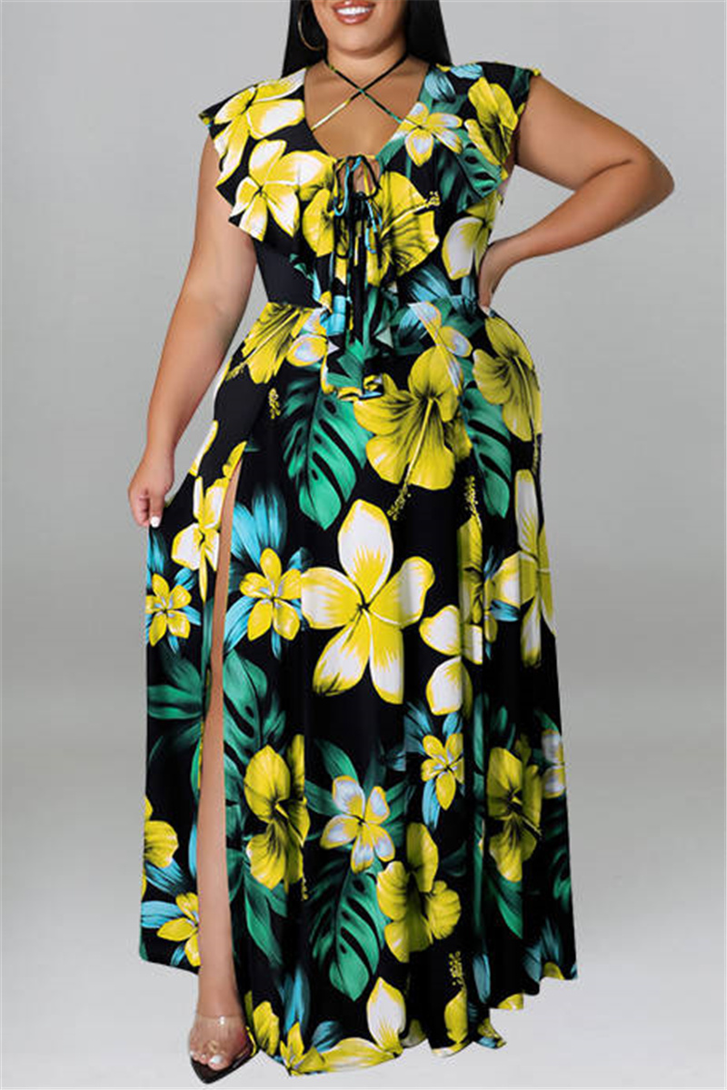 

Yellow Fashion Sexy Plus Size Print Bandage Slit V Neck Long Dress