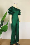 Green Fashion Casual Solid Patchwork Oblique Collar Regular Jumpsuits