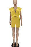 Yellow Sexy Solid Patchwork Zipper Hooded Collar Sleeveless Two Pieces