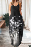 Black Fashion Casual Print Backless Spaghetti Strap Long Dress