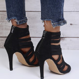 Black Fashion Hollowed Out Solid Color Pointed Stiletto Sandals