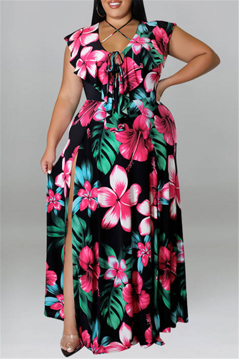 

Red Fashion Sexy Plus Size Print Bandage Slit V Neck Long Dress
