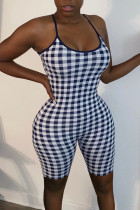 Blue Sexy Plaid Print Patchwork Spaghetti Strap Regular Jumpsuits