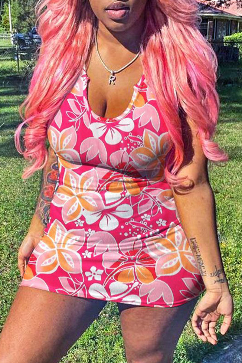 

Pink Sexy Print Split Joint U Neck Pencil Skirt Dresses