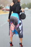Blue Black Fashion Casual Print Fold Regular High Waist Pleated Skirt