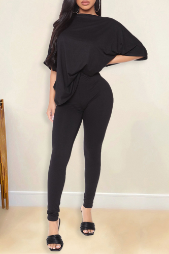 Black Casual Solid Patchwork O Neck Half Sleeve Two Pieces