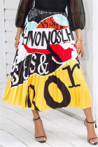 Yellow Fashion Casual Print Fold Regular High Waist Pleated Skirt