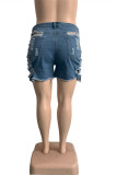 Pantalones cortos de mezclilla de talla grande de color sólido convencional de cintura alta rasgados sólidos informales sexis de moda azul