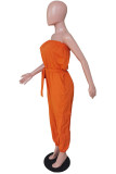 Orange Casual Solid Patchwork Strapless Regular Jumpsuits
