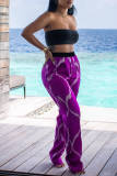 Фиолетовые модные повседневные базовые брюки с высокой талией и принтом